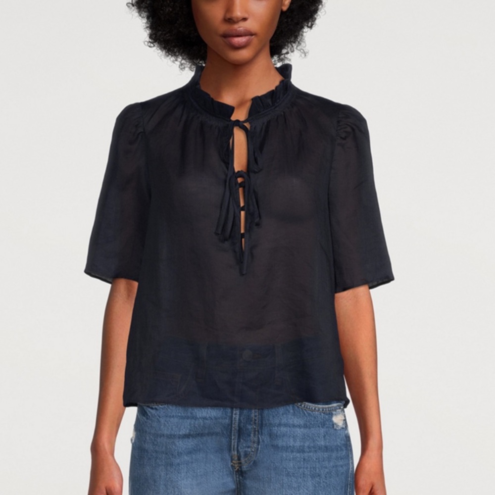 Frame Tie Neck Ruffle Blouse Navy Ramie Material Large